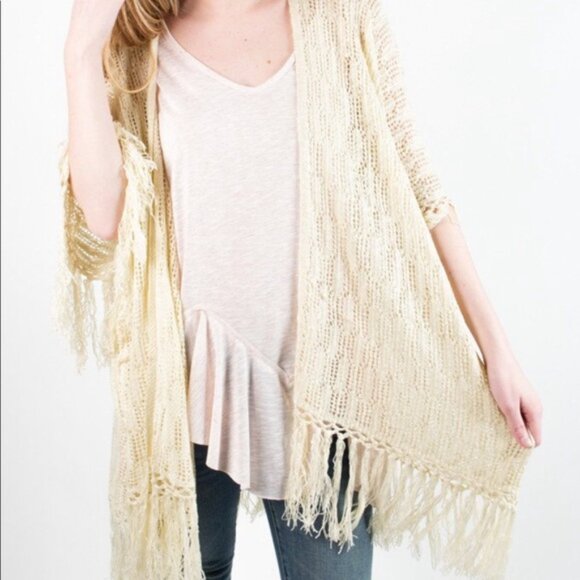 Women's PPLA Cream Open Knit Kimono w/Fringe Trim on Hem & Sleeves, Size S/M - Picture 7 of 9